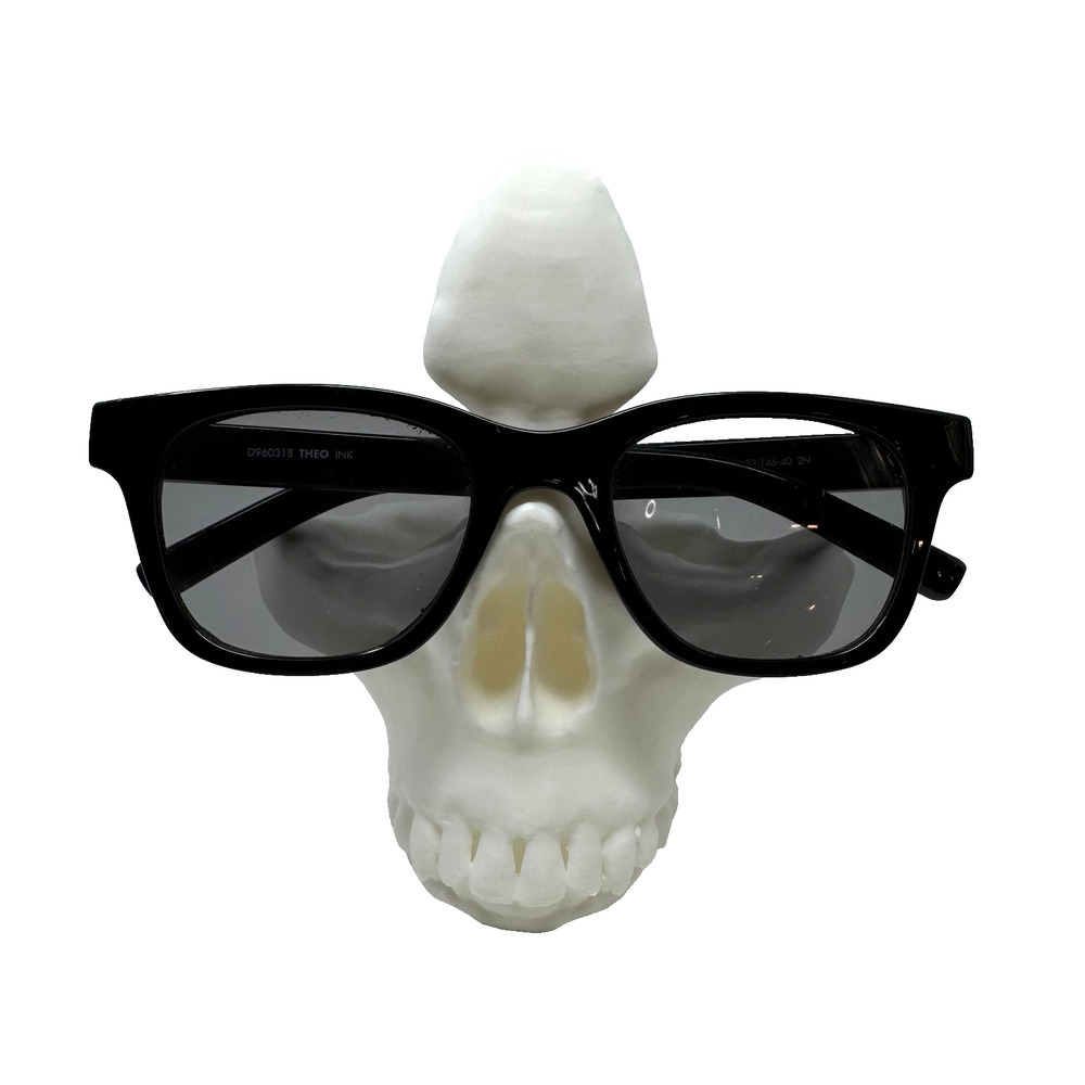 White 3D Printed Skull Sunglasses Holder Stand PLA Plastic Display 5” High-Res